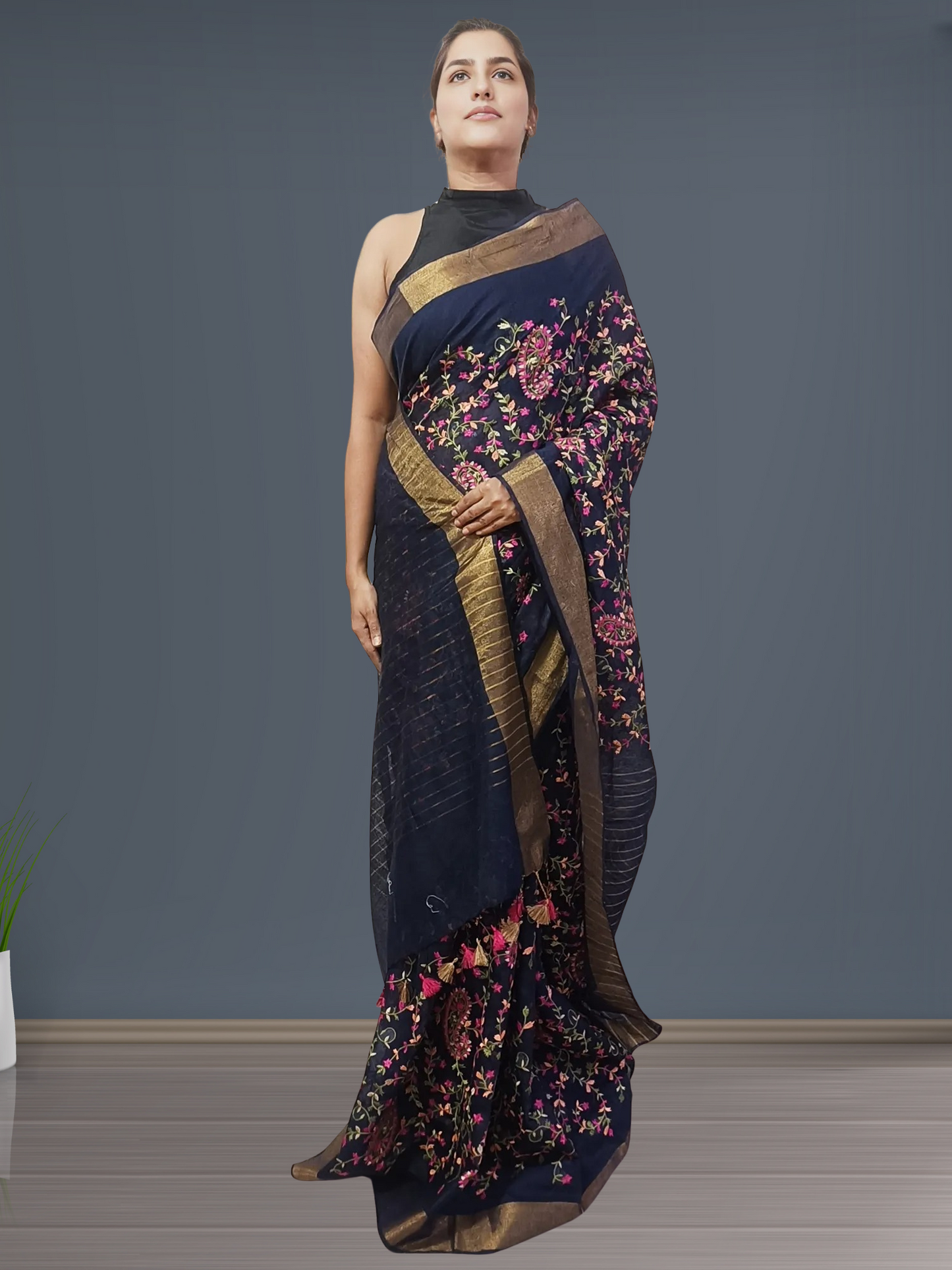 Grey Embroidered Silk Linen Saree