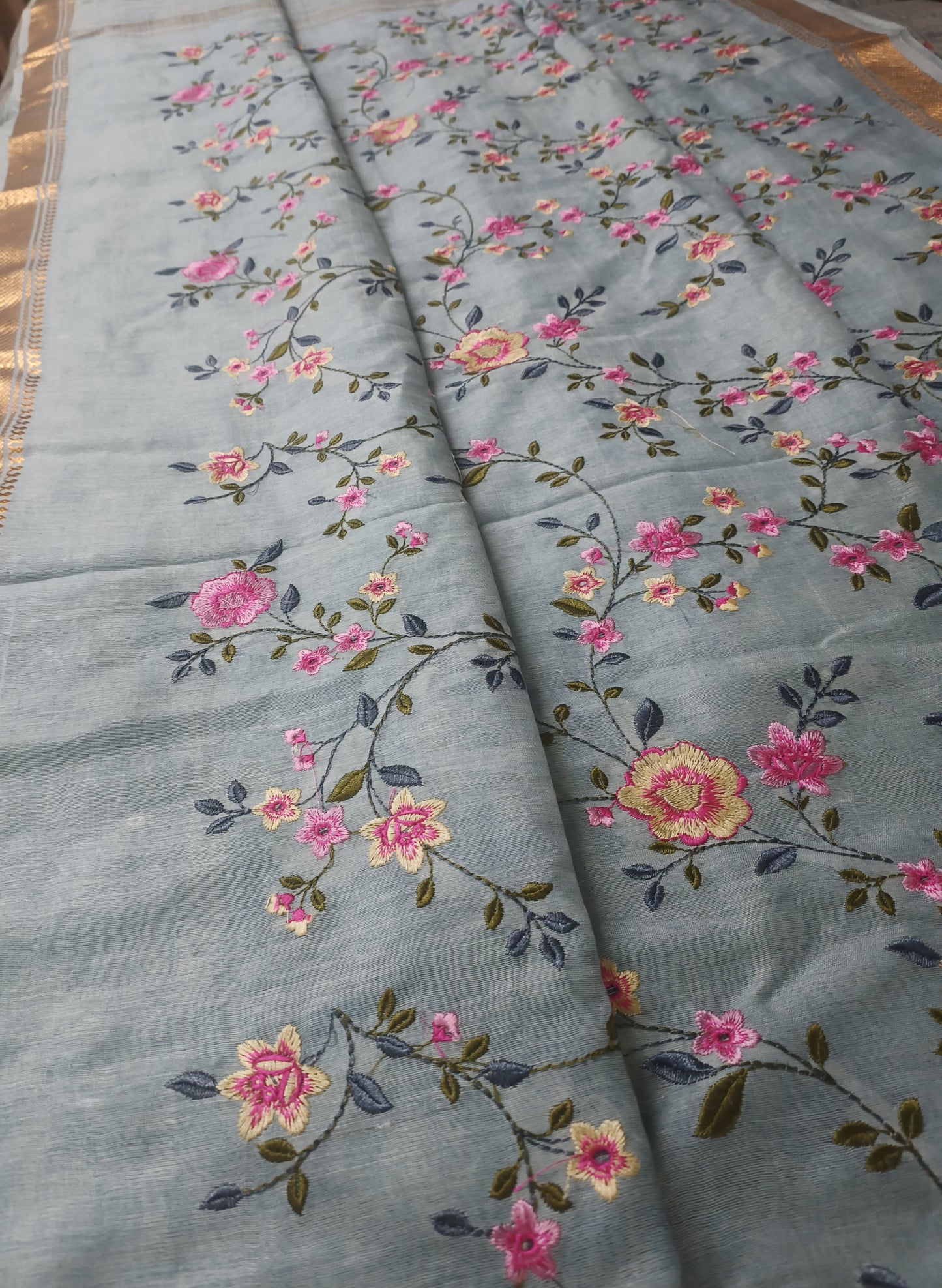 Grey Embroidered Silk Linen Saree
