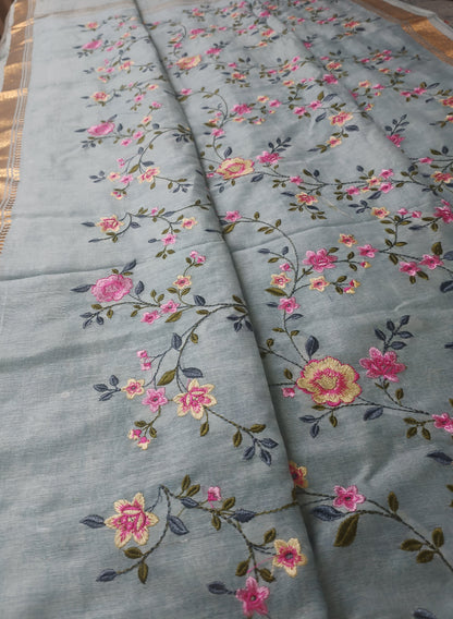 Grey Embroidered Silk Linen Saree