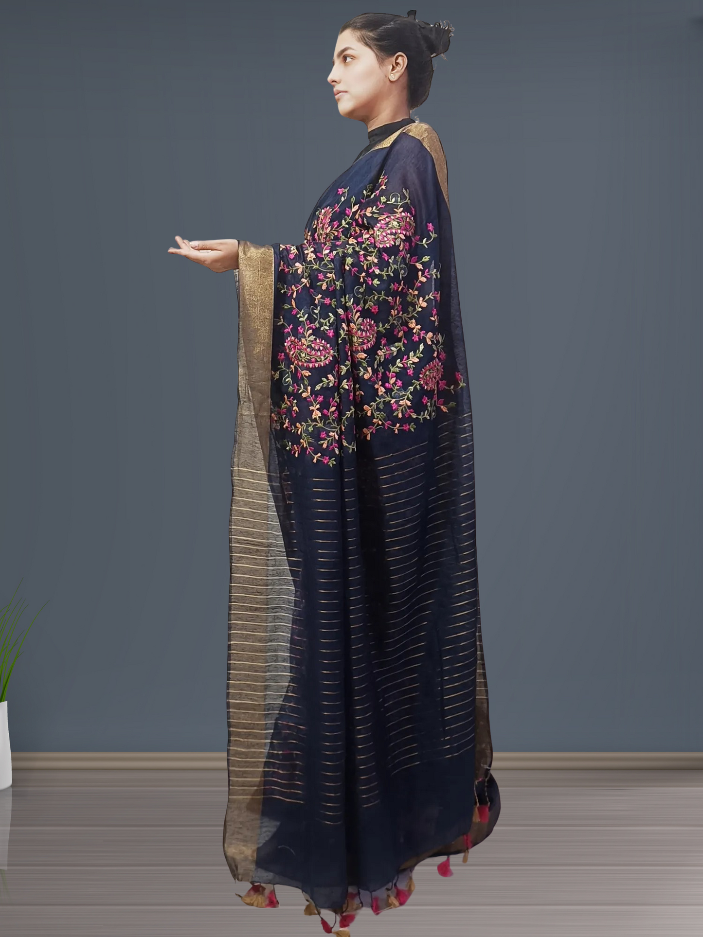 Grey Embroidered Silk Linen Saree