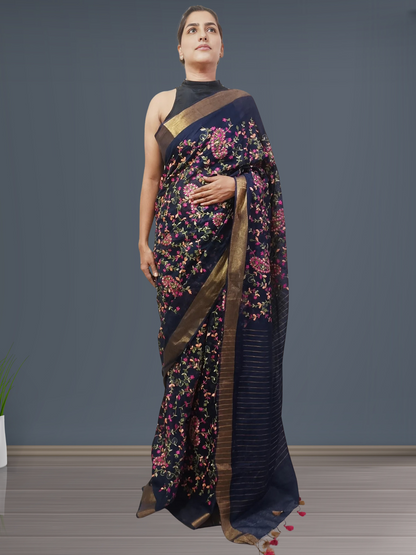 Grey Embroidered Silk Linen Saree