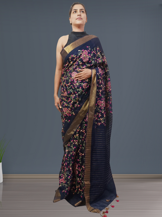 Grey Embroidered Silk Linen Saree