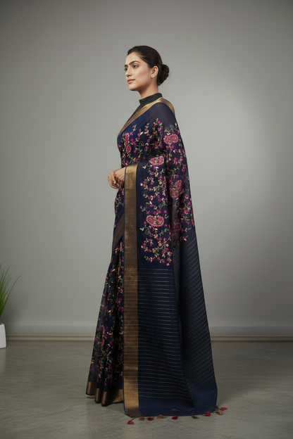 Grey Embroidered Silk Linen Saree