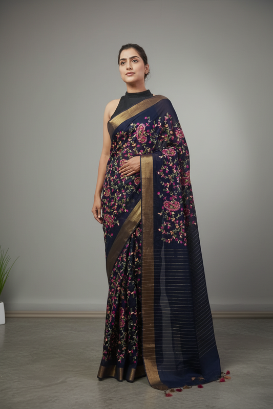 Grey Embroidered Silk Linen Saree