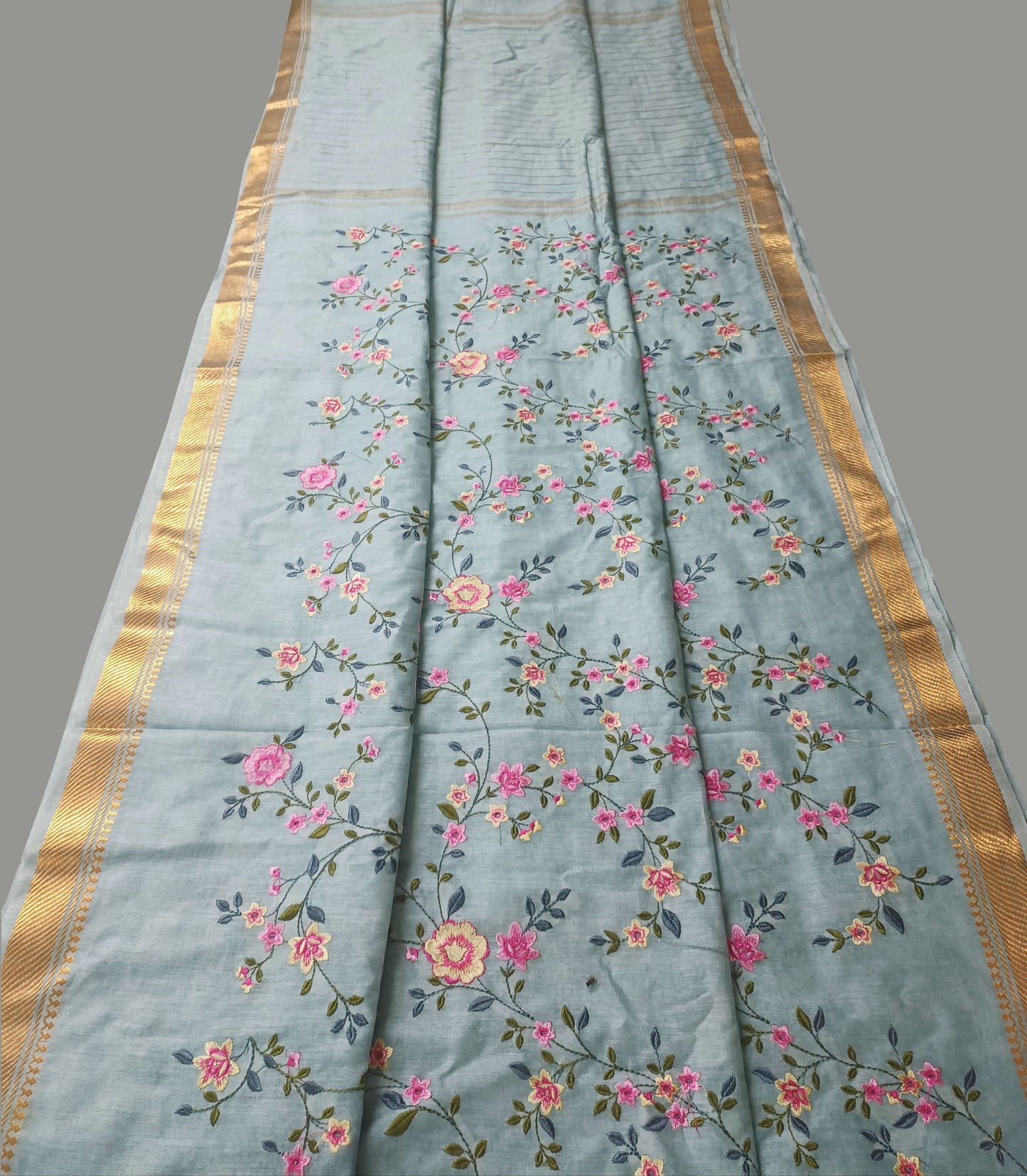 Grey Embroidered Silk Linen Saree