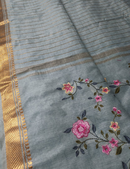 Grey Embroidered Silk Linen Saree