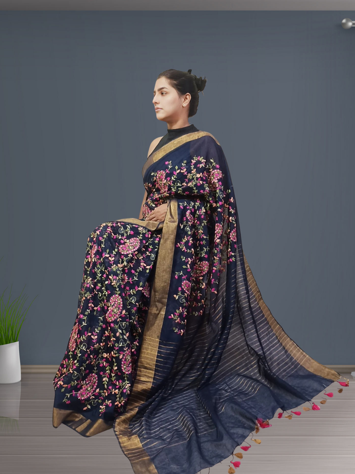Grey Embroidered Silk Linen Saree