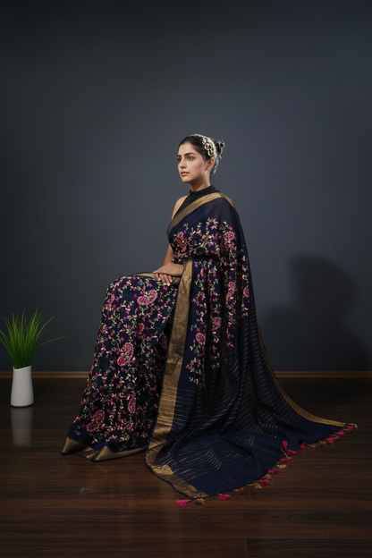Grey Embroidered Silk Linen Saree