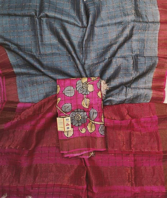 Grey Bishnupuri Checked Zari Tussar Silk Saree |Peepal Clothing