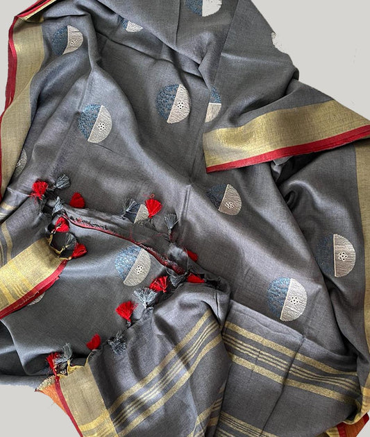 Grey Circle Embroidered Linen Saree | Peepal Clothing