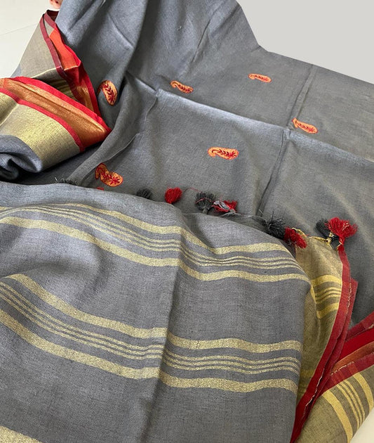 Grey Paisley Embroidered Linen Saree | Peepal Clothing