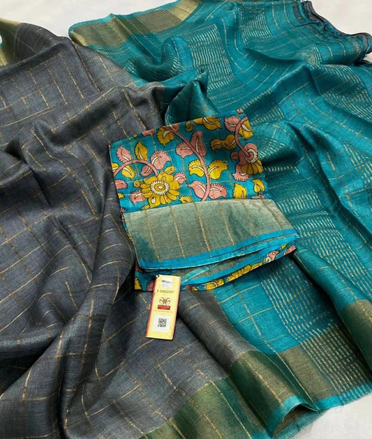 Grey and Firozi Bishnupuri Checked Zari Tussar Silk Saree |Peepal Clothing