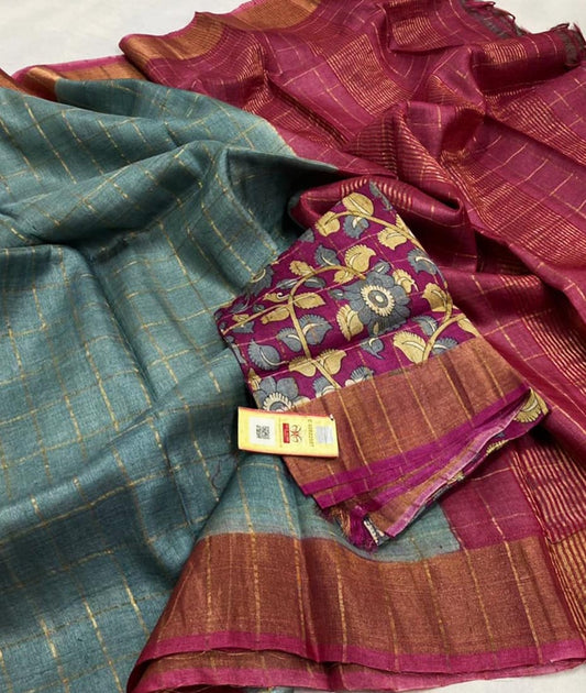 Grey and Magenta Bishnupuri Checked Zari Tussar Silk Saree |Peepal Clothing