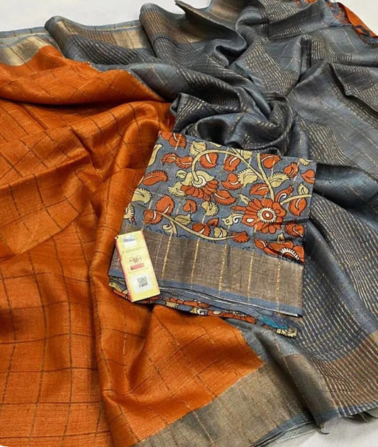 Grey and Orange Bishnupuri Checked Zari Tussar Silk Saree |Peepal Clothing