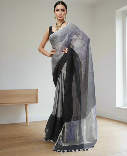 Grey and Black Linen Saree