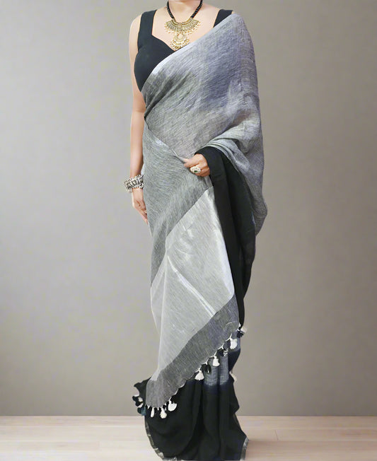 Grey and Black Linen Saree