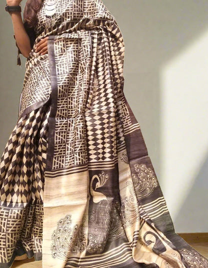 Grey and White Tussar Ghicha Silk Saree