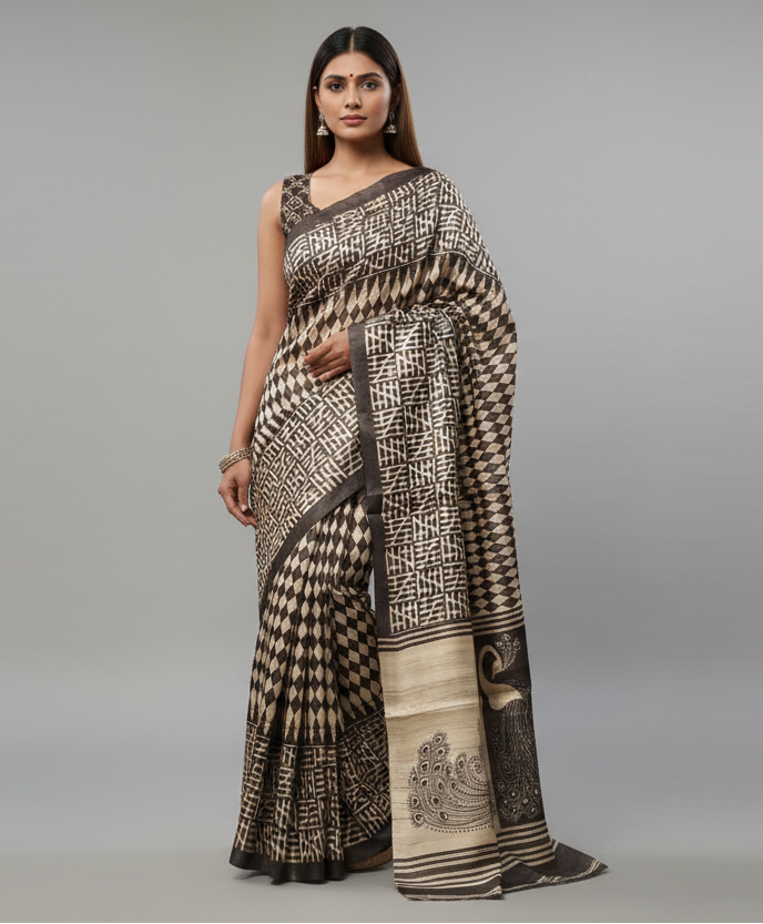 Grey and White Tussar Ghicha Silk Saree