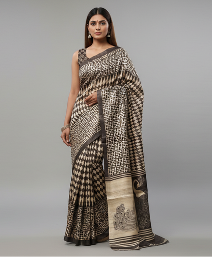 Grey and White Tussar Ghicha Silk Saree