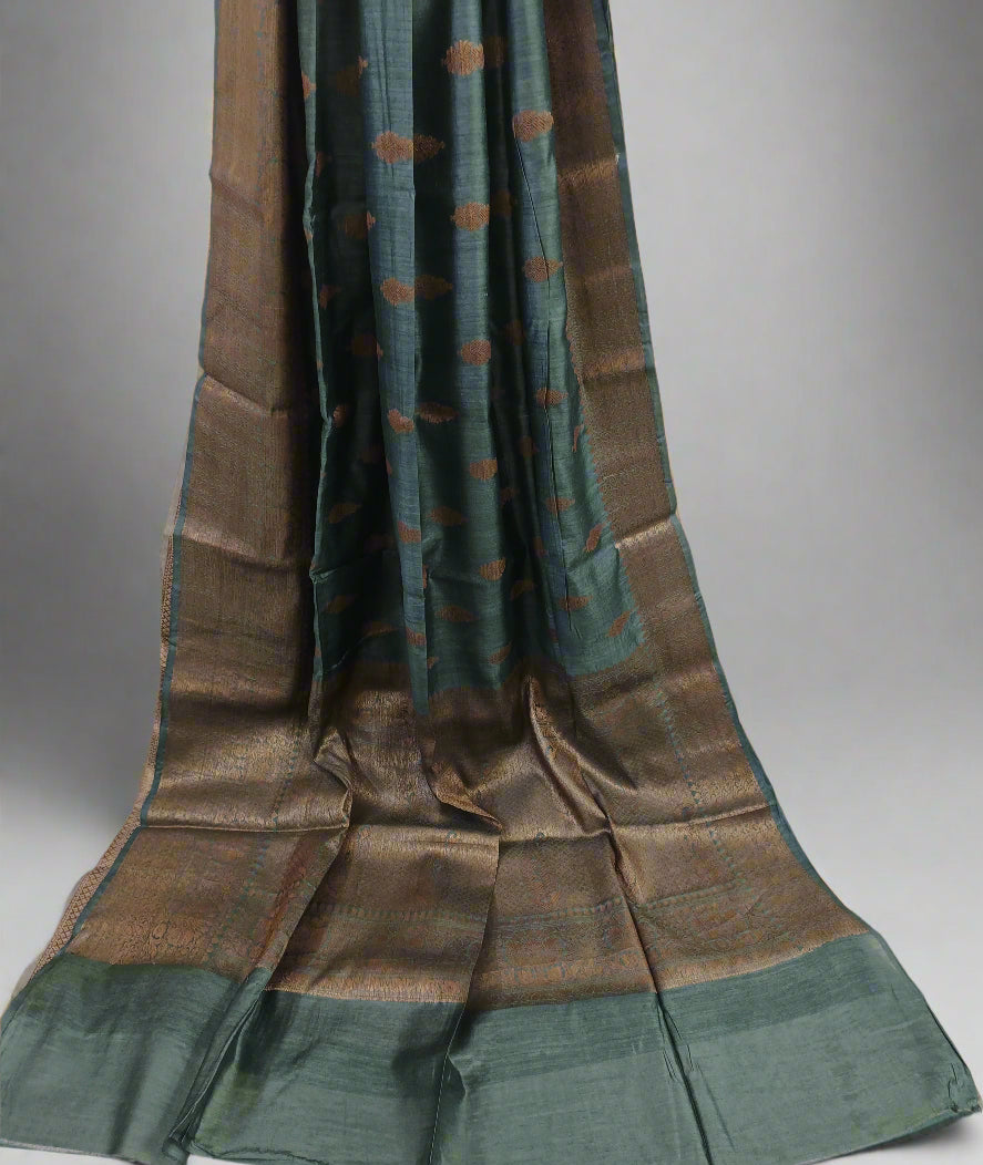 Greyish Green Buta Motif Tussar Munga Silk Saree with Zari Border