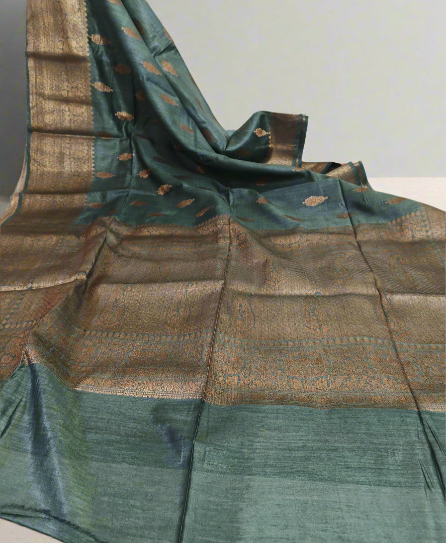 Greyish Green Buta Motif Tussar Munga Silk Saree with Zari Border