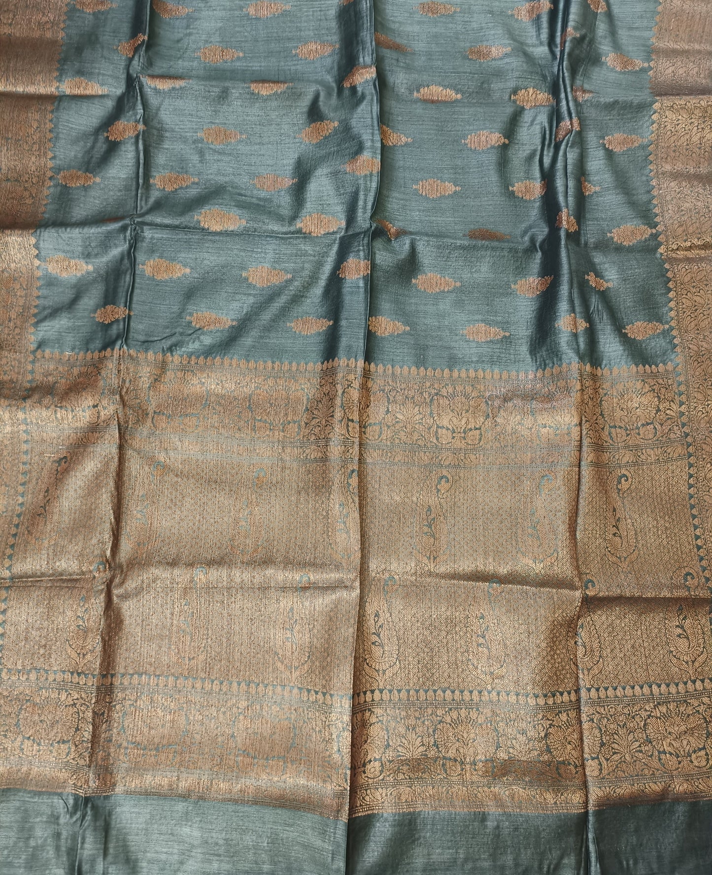 Greyish Green Buta Motif Tussar Munga Silk Saree with Zari Border