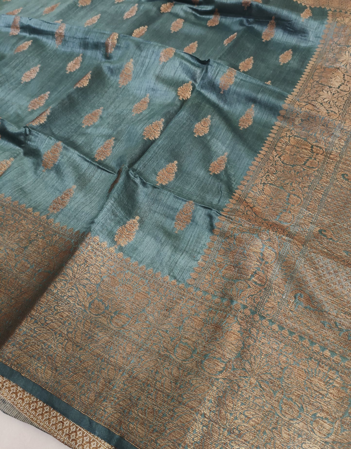Greyish Green Buta Motif Tussar Munga Silk Saree with Zari Border
