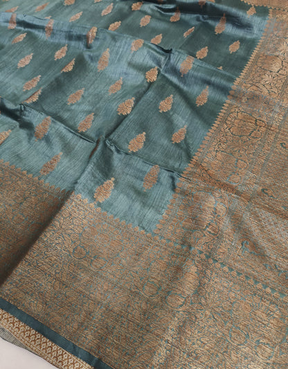 Greyish Green Buta Motif Tussar Munga Silk Saree with Zari Border
