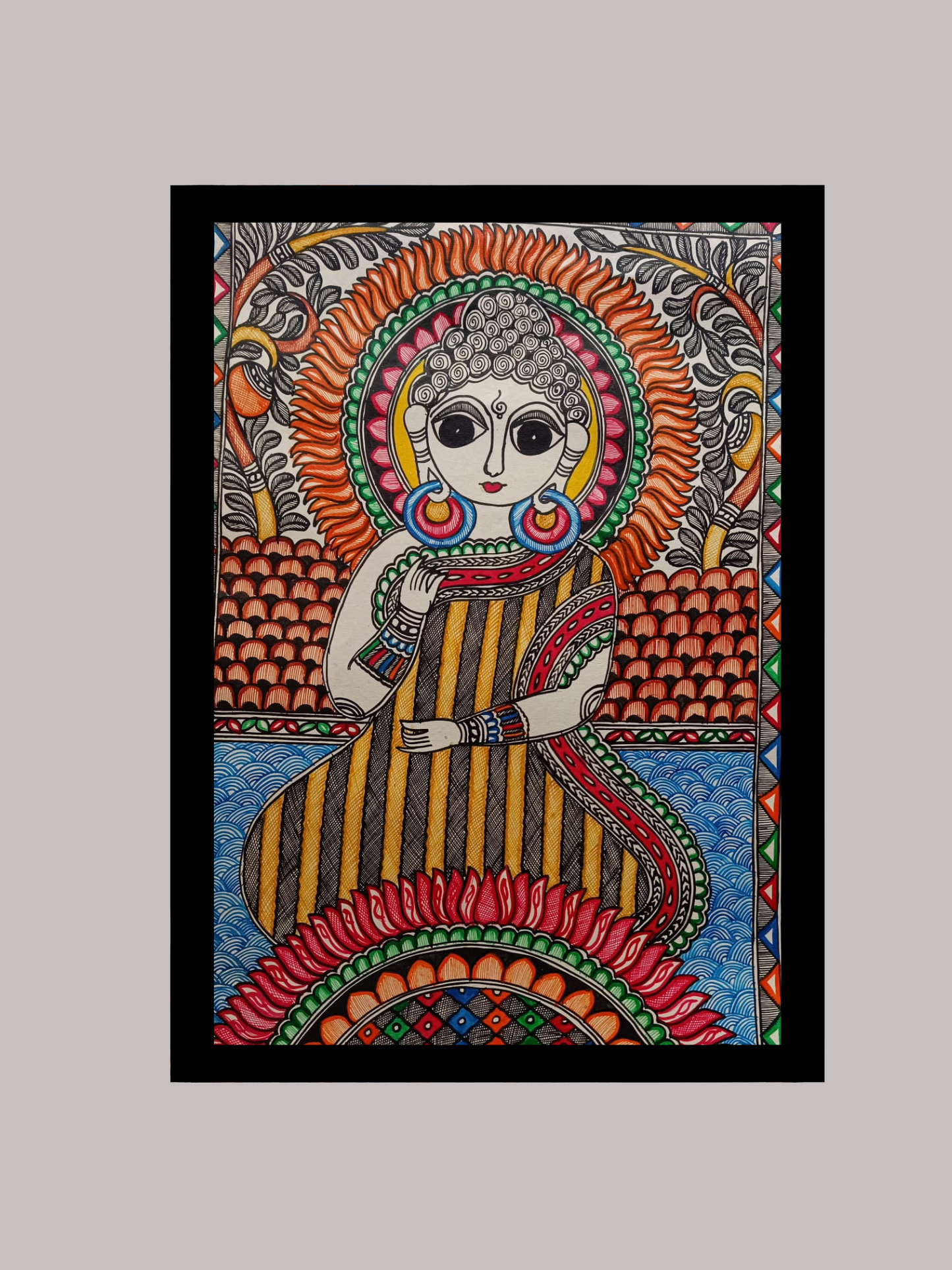 Hand-Painted Madhubani Buddha Painting | Serene Spiritual Mithila Art | Meditating Figure on Lotus