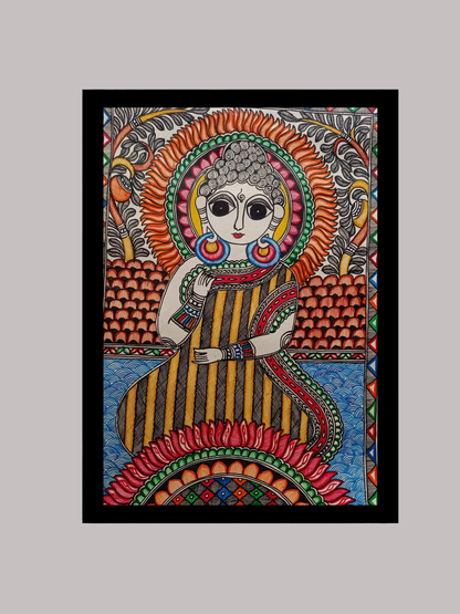 Hand-Painted Madhubani Buddha Painting | Serene Spiritual Mithila Art | Meditating Figure on Lotus