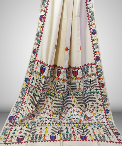 Hand-Painted Madhubani Desi Tussar Silk Saree | Off-White Traditional Tribal Dance & Dholak Musicians with Elephant Motif
