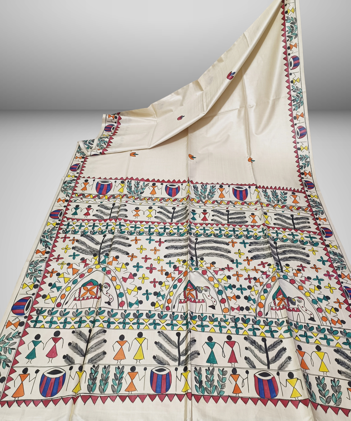 Hand-Painted Madhubani Desi Tussar Silk Saree | Off-White Traditional Tribal Dance & Dholak Musicians with Elephant Motif