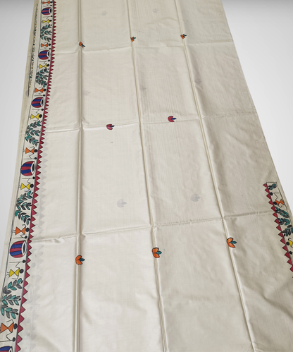 Hand-Painted Madhubani Desi Tussar Silk Saree | Off-White Traditional Tribal Dance & Dholak Musicians with Elephant Motif