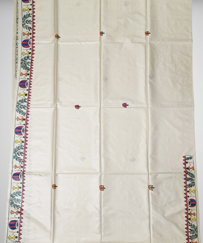 Hand-Painted Madhubani Desi Tussar Silk Saree | Off-White Traditional Tribal Dance & Dholak Musicians with Elephant Motif