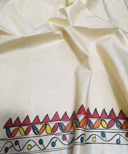 Hand-Painted Madhubani Desi Tussar Silk Saree | Off-White Traditional Tribal Dance & Dholak Musicians with Elephant Motif