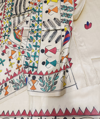 Hand-Painted Madhubani Desi Tussar Silk Saree | Off-White Traditional Tribal Dance & Dholak Musicians with Elephant Motif