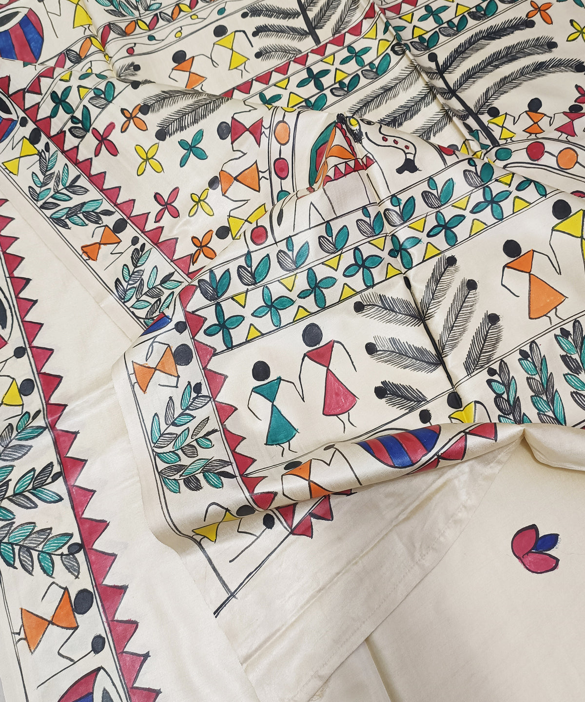 Hand-Painted Madhubani Desi Tussar Silk Saree | Off-White Traditional Tribal Dance & Dholak Musicians with Elephant Motif