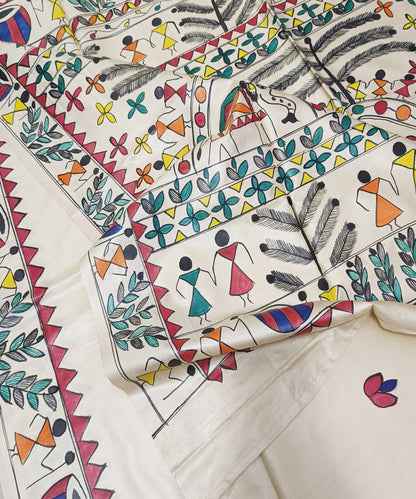 Hand-Painted Madhubani Desi Tussar Silk Saree | Off-White Traditional Tribal Dance & Dholak Musicians with Elephant Motif