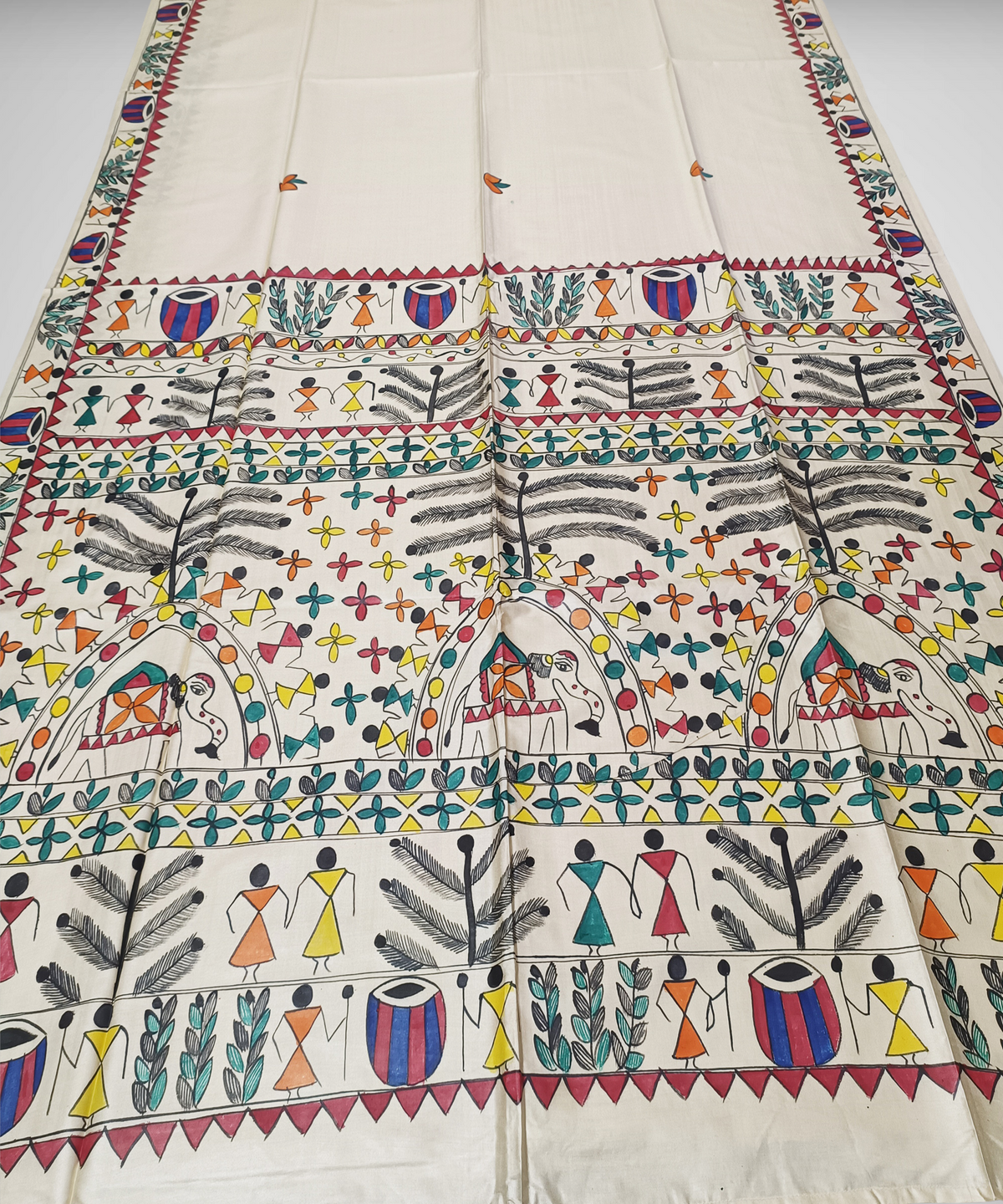 Hand-Painted Madhubani Desi Tussar Silk Saree | Off-White Traditional Tribal Dance & Dholak Musicians with Elephant Motif
