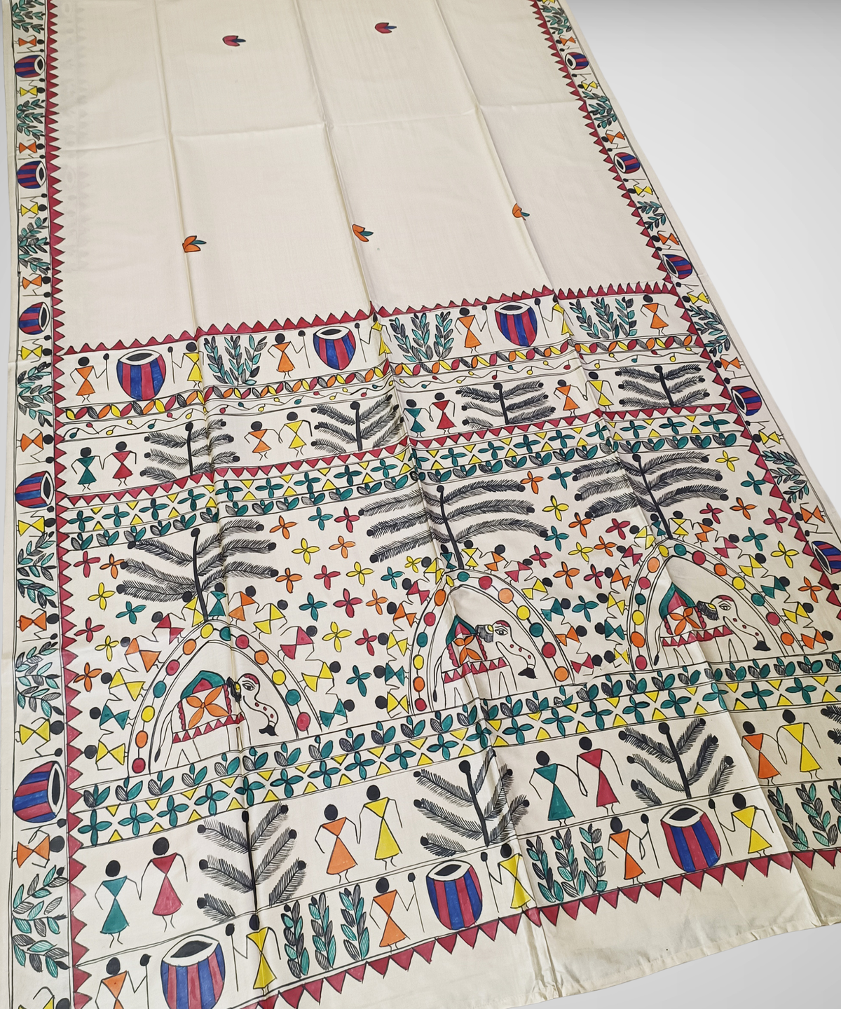Hand-Painted Madhubani Desi Tussar Silk Saree | Off-White Traditional Tribal Dance & Dholak Musicians with Elephant Motif