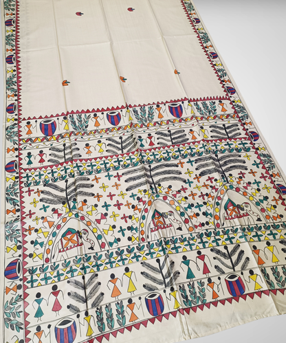 Hand-Painted Madhubani Desi Tussar Silk Saree | Off-White Traditional Tribal Dance & Dholak Musicians with Elephant Motif
