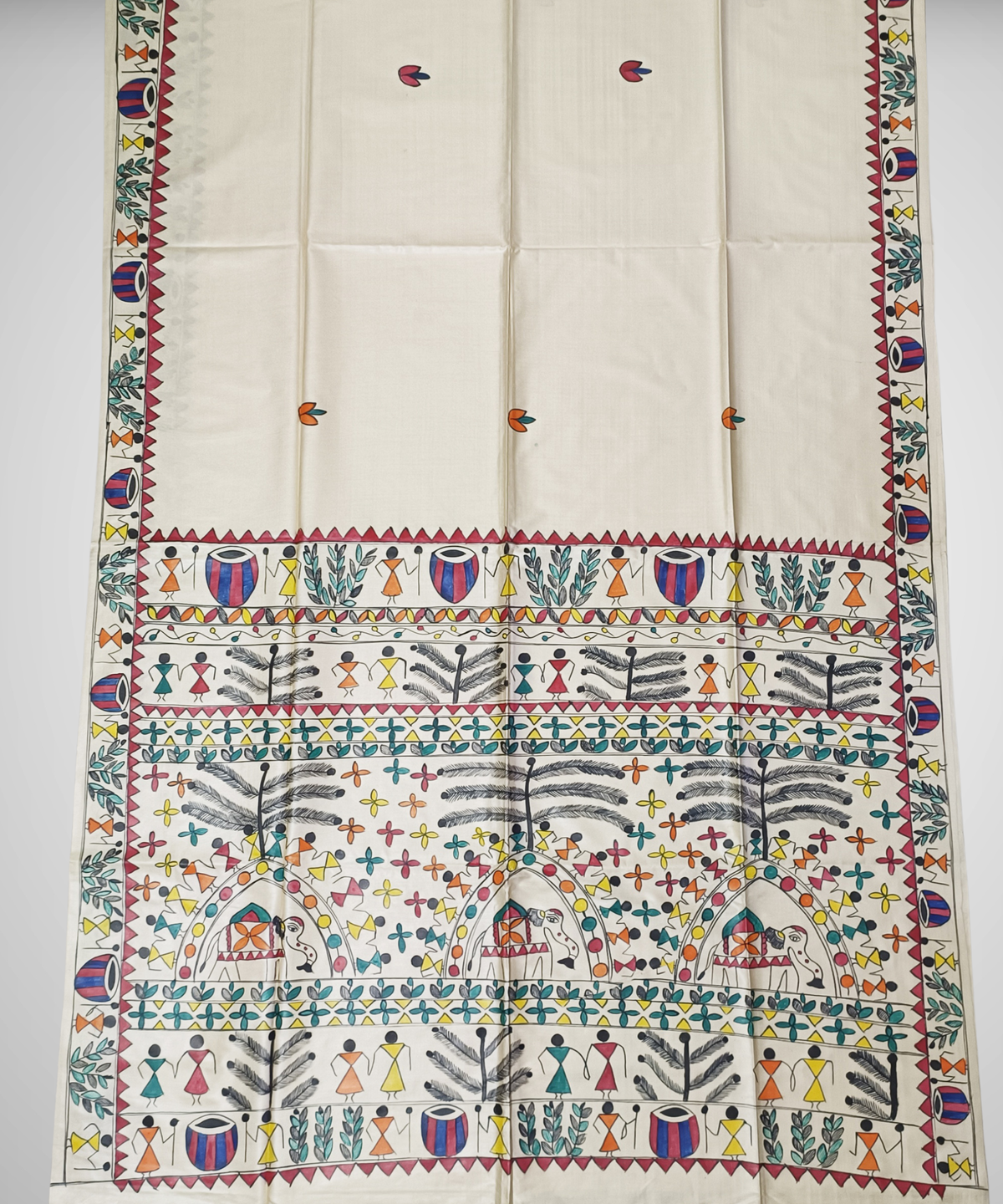 Hand-Painted Madhubani Desi Tussar Silk Saree | Off-White Traditional Tribal Dance & Dholak Musicians with Elephant Motif