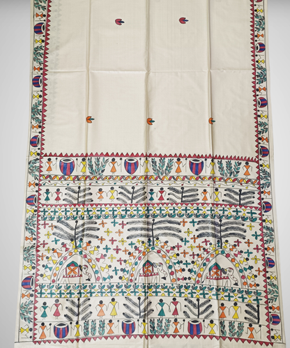 Hand-Painted Madhubani Desi Tussar Silk Saree | Off-White Traditional Tribal Dance & Dholak Musicians with Elephant Motif