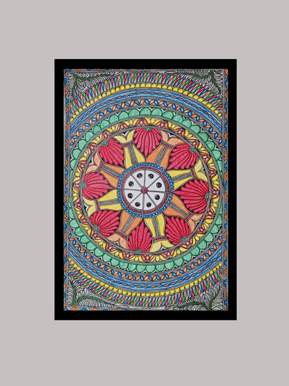 Hand-Painted Madhubani Lotus Mandala - Geometric Floral Mithila Art | Traditional Indian Wall Decor