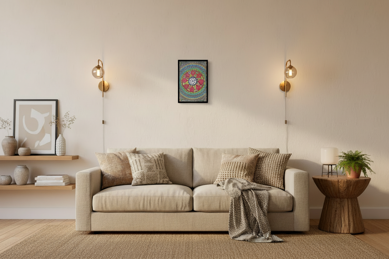 Hand-Painted Madhubani Lotus Mandala - Geometric Floral Mithila Art | Traditional Indian Wall Decor