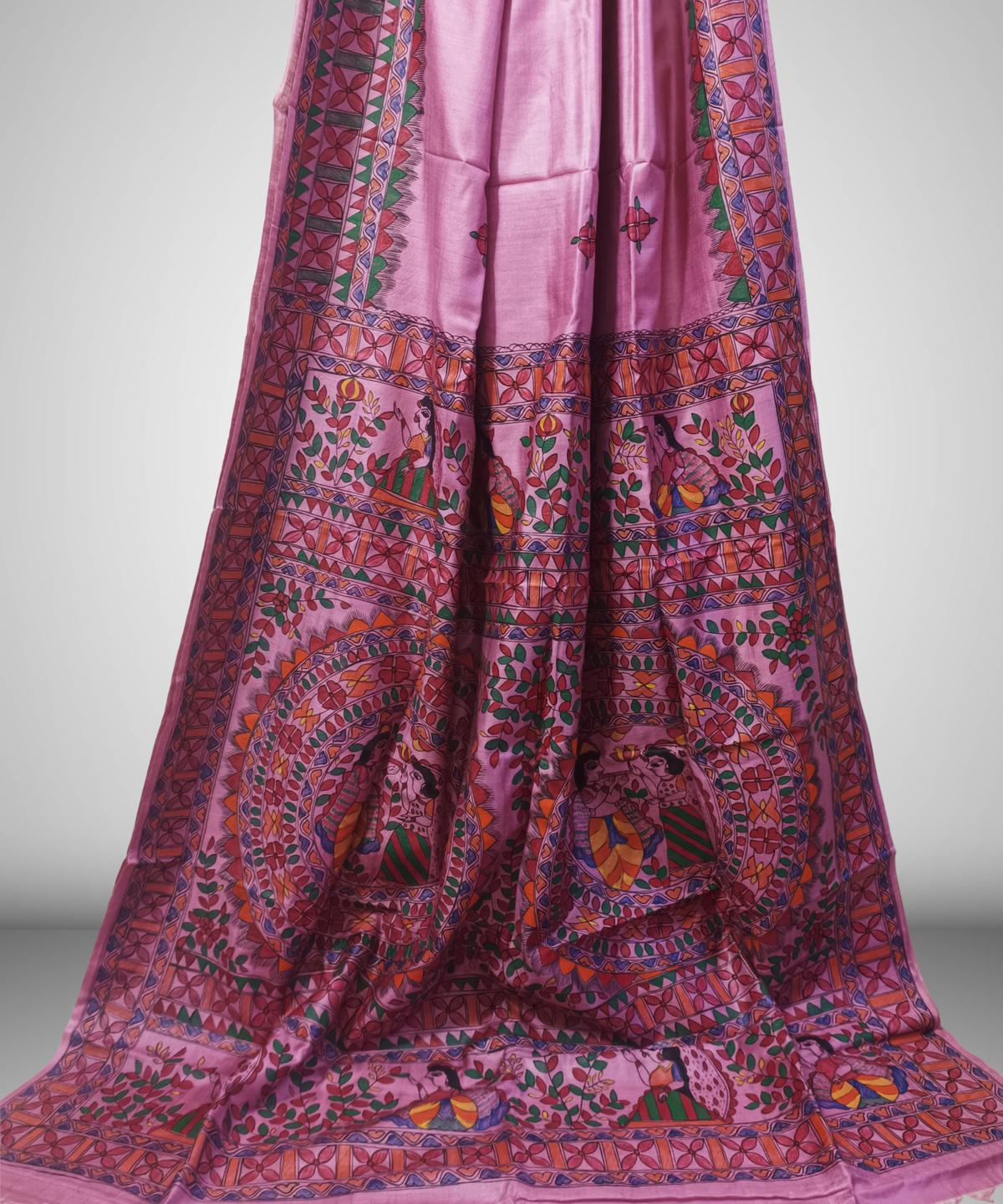 Hand-Painted Madhubani Pure Tussar Silk Saree | Pastel Pink Radha-Krishna Dual Mandala & Gopi Motif