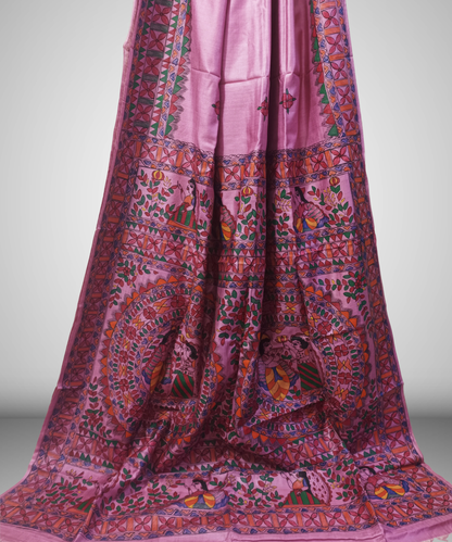 Hand-Painted Madhubani Pure Tussar Silk Saree | Pastel Pink Radha-Krishna Dual Mandala & Gopi Motif
