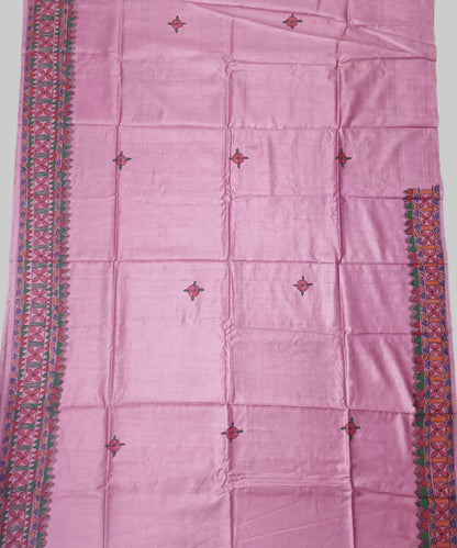 Hand-Painted Madhubani Pure Tussar Silk Saree | Pastel Pink Radha-Krishna Dual Mandala & Gopi Motif