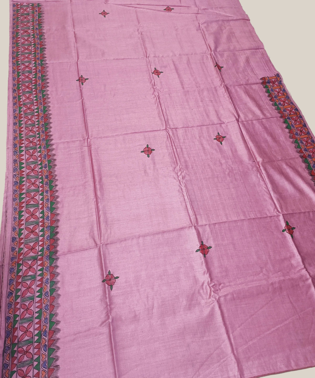 Hand-Painted Madhubani Pure Tussar Silk Saree | Pastel Pink Radha-Krishna Dual Mandala & Gopi Motif