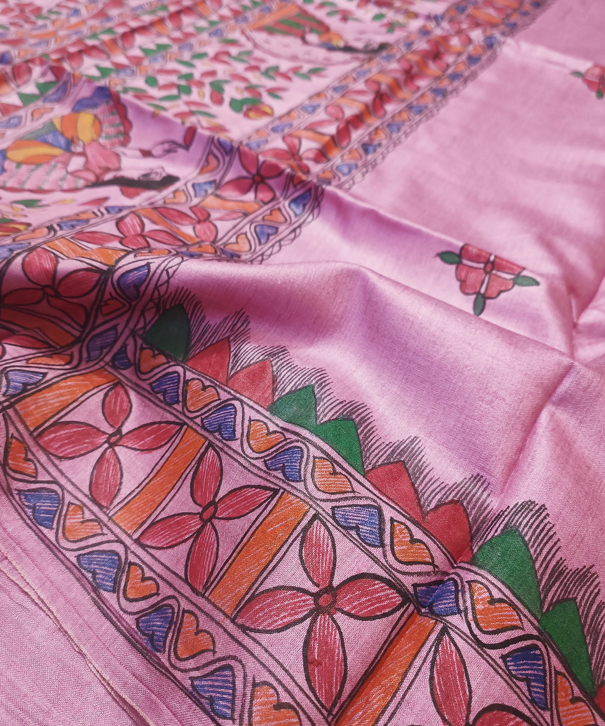 Hand-Painted Madhubani Pure Tussar Silk Saree | Pastel Pink Radha-Krishna Dual Mandala & Gopi Motif